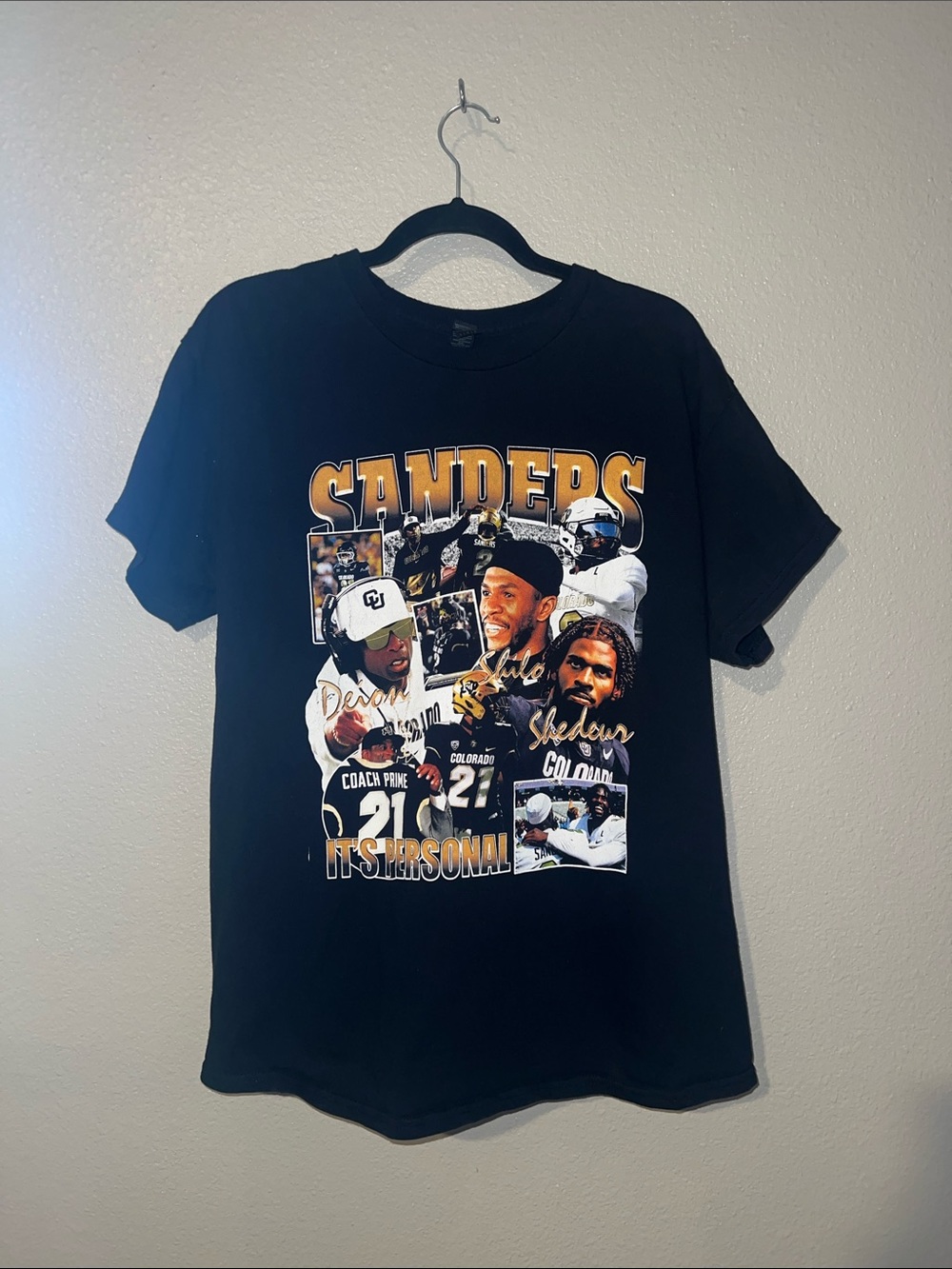 Gildan Black Deion Sanders Graphic Tee with Gold and White Accents
